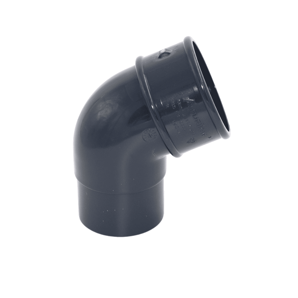 Grey Aquaflow 112mm Plastic Round 112.5° Offset Bend Downpipe - installed