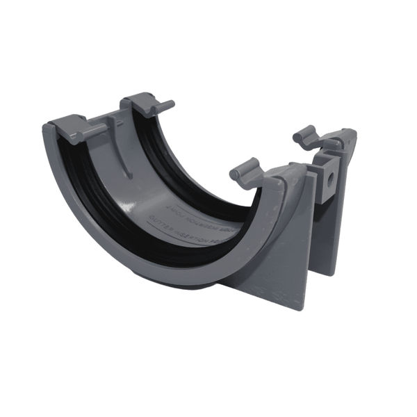 Grey Aquaflow 112mm Plastic Half Round Gutter Union Bracket - installed