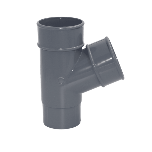 Light Grey Aquaflow Round Plastic 112.5° Downpipe Y-Branch - installed