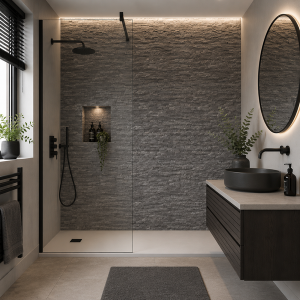Natural Stone Anthracite Wall Panel | 1000mm x 2.4m x 10mm - installed