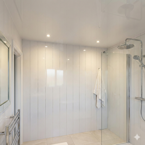 Embedded White High Gloss Wall Panel 250mm x 2.6m x 8mm (Pack of 4) - installed