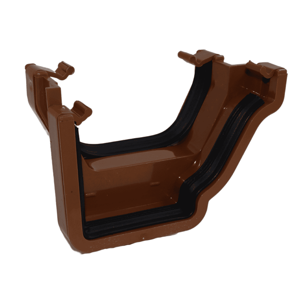 brown Aquaflow 130mm Right Hand Ogee Square Gutter Adaptor - installed