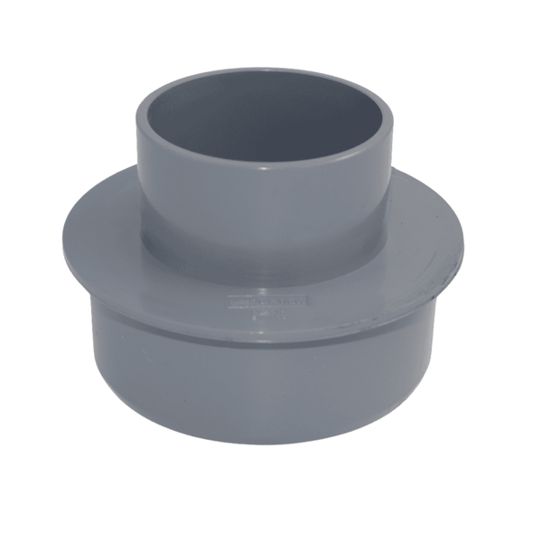 Grey Aquaflow Plastic 68mm Round to 110mm Soil Pipe Adaptor - installed