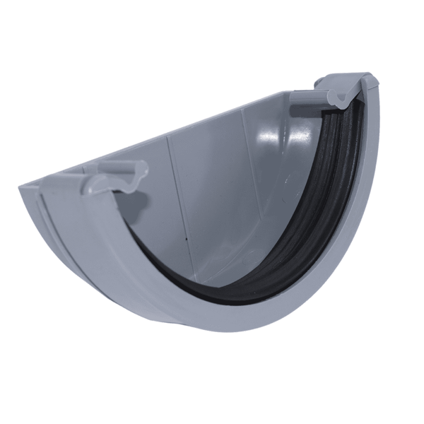 Grey Aquaflow 112mm Plastic Half Round External Stop End - installed