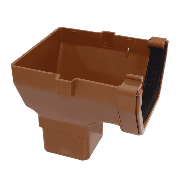 Light Brown Aquaflow 114mm Square Gutter Stop End Outlet - installed