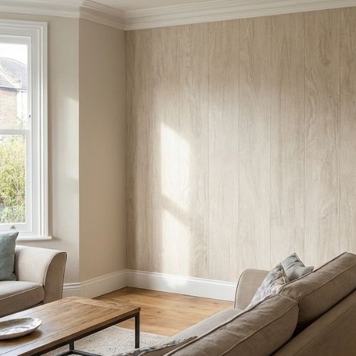 Light Oak Wood Wall Panel 250mm x 2.6m x 8mm (Pack of 4) - installed