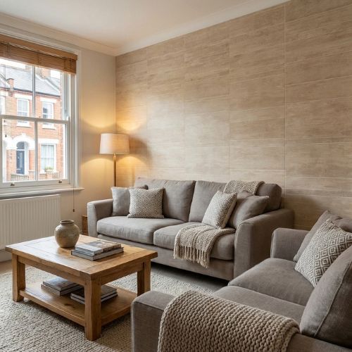 Multi Tile Medium Sand Wall Panel | 400mm x 2.6m x 8mm (Pack of 5) - installed