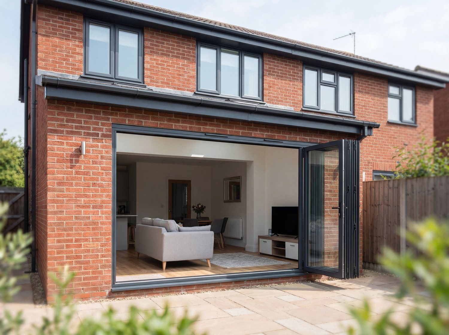 Anthracite windows and open bifold doors on a brick house