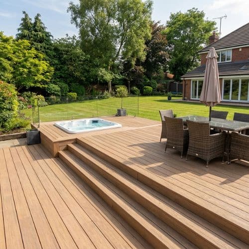Brown composite decking fitted in back garden
